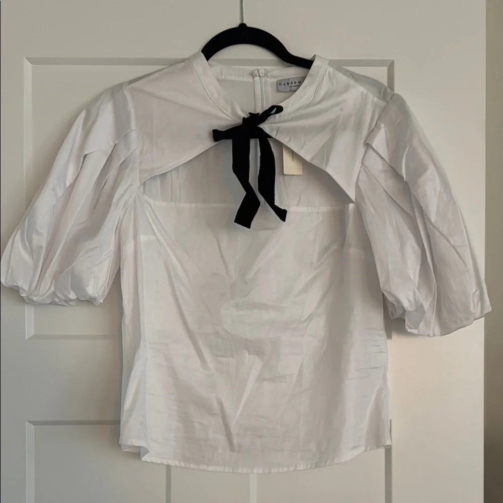 NWT Anthropologie - Classy White Cut-out Puff Sleeve Top with Black Bow -